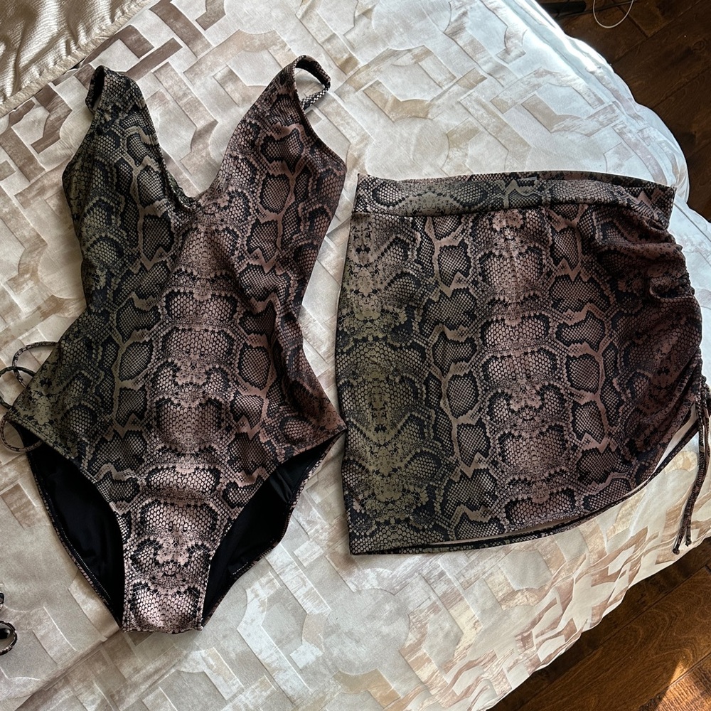 Snake Print One Piece Swimsuit and Skirt Set